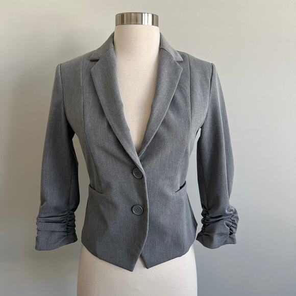 Express Factory 2 Button Blazer Jacket Ruched Sleeves 3/4 Gray Size 0 - Picture 1 of 12